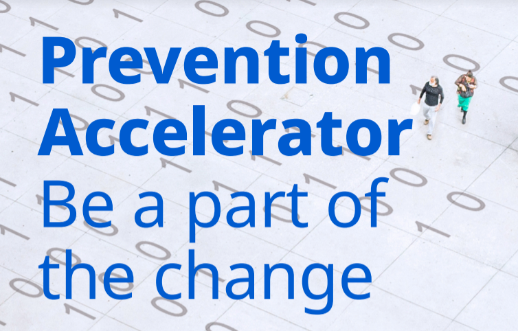 Prevention Accelerator text, background of 0s and 1s and people walking