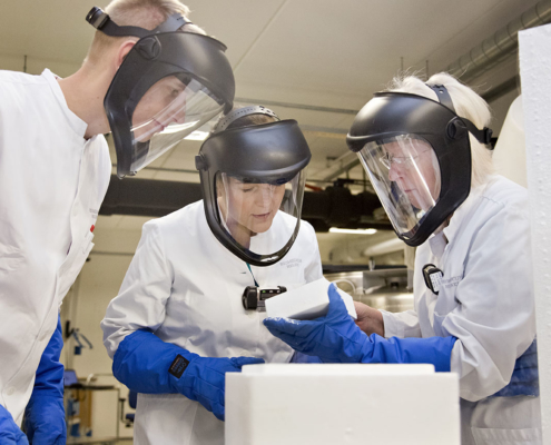 Three researchers with visors and gloves