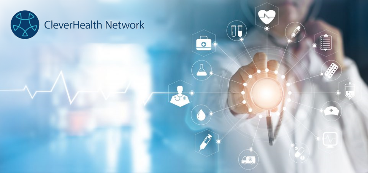 The logo of CleverHealth Network and a doctor holding a stethoscope