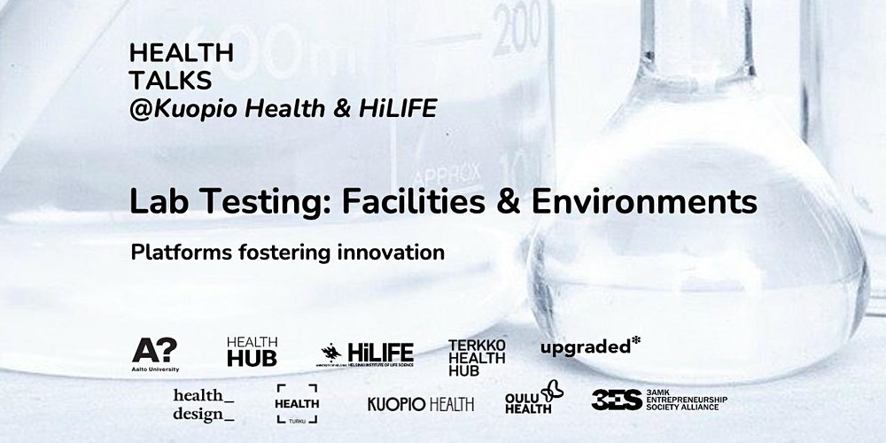 Health Talks event banner with laboratory equipment on the background