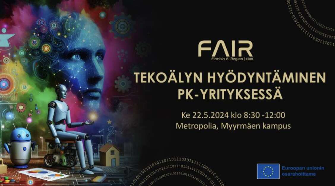 FAIR-hankkeen "Tekoälyn hyödyntäminen pk-yrityksessä" -tapahtumabanneri, jossa piirrettyjä kuvia roboteista ja tiedot tapahtuman ajankohdasta ja paikasta.